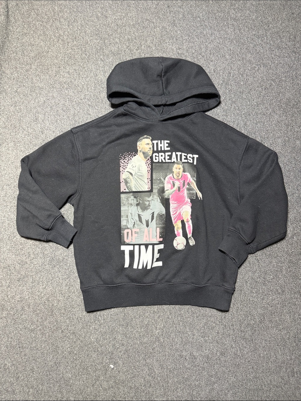 MESSI Kids Black Hoodie with Pink Soccer Graphic - The Greatest Design